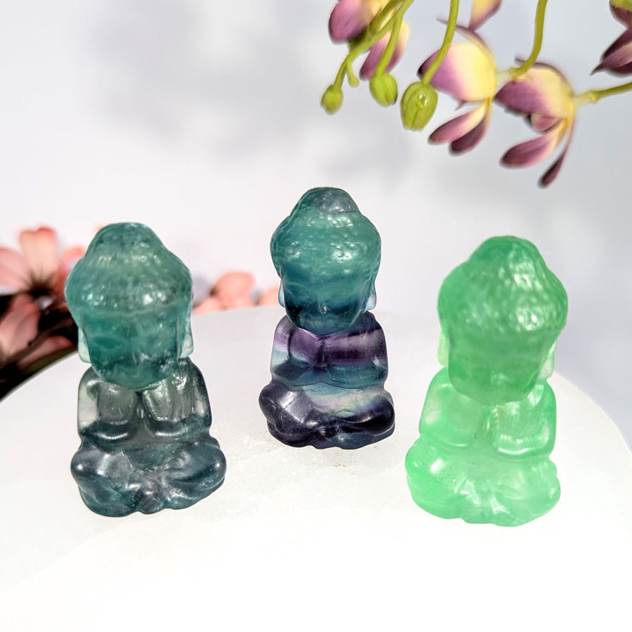 Fluorite Buddha Carvings: Blue, Purple, Green 2’’ Figurines #BC0090