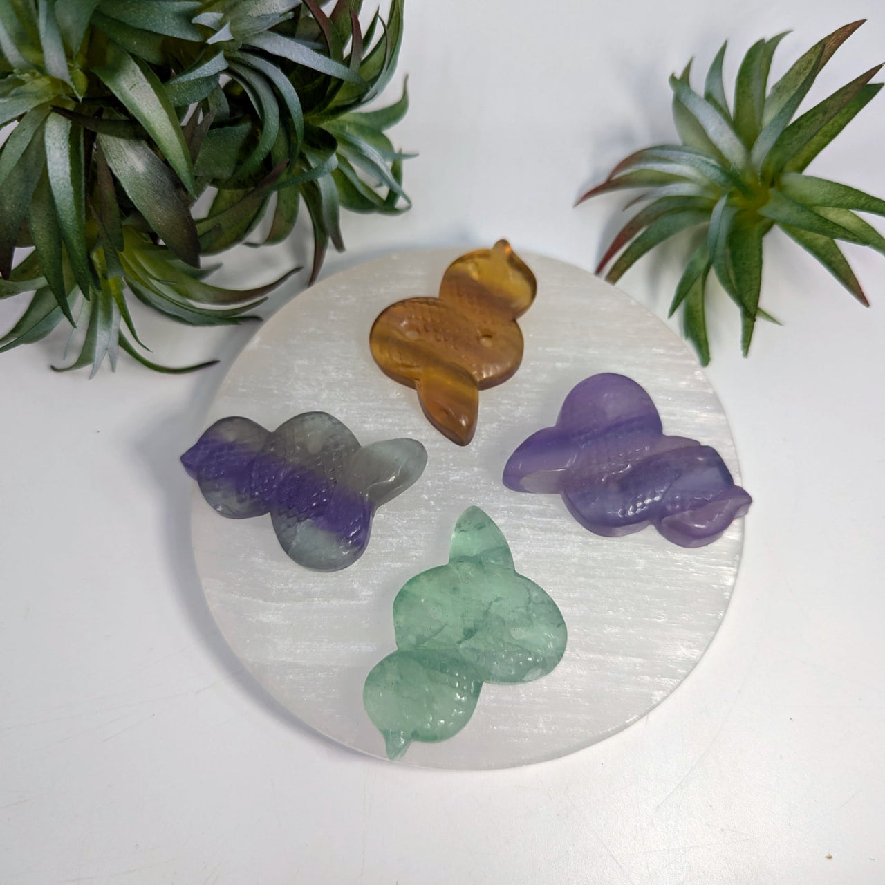 Colorful crystal cloud carvings on Fluorite 2 inch Snake Carving #LV7724