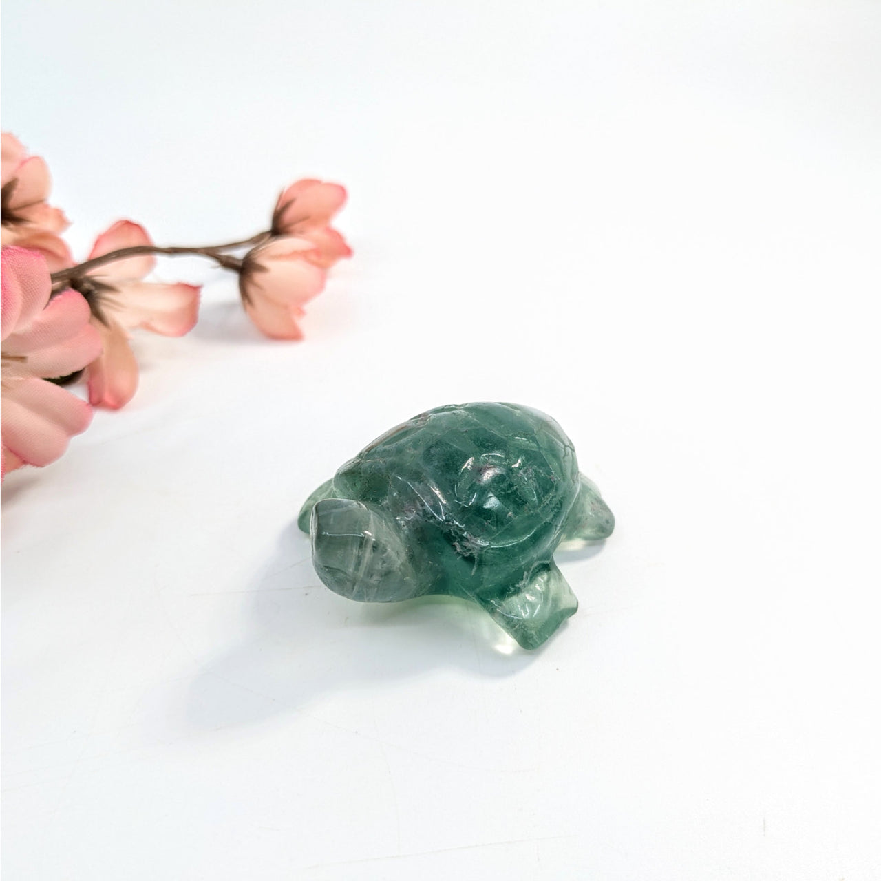 Green Fluorite carved turtle figurine with translucent appearance in Fluorite 2 inch Turtle #LV6635