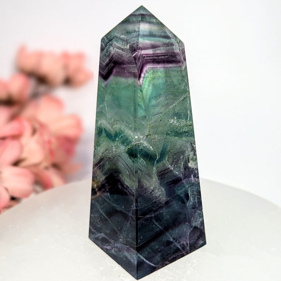 Polished multi-toned fluorite 3.5-inch obelisk tower in green to purple gradient #BC0661