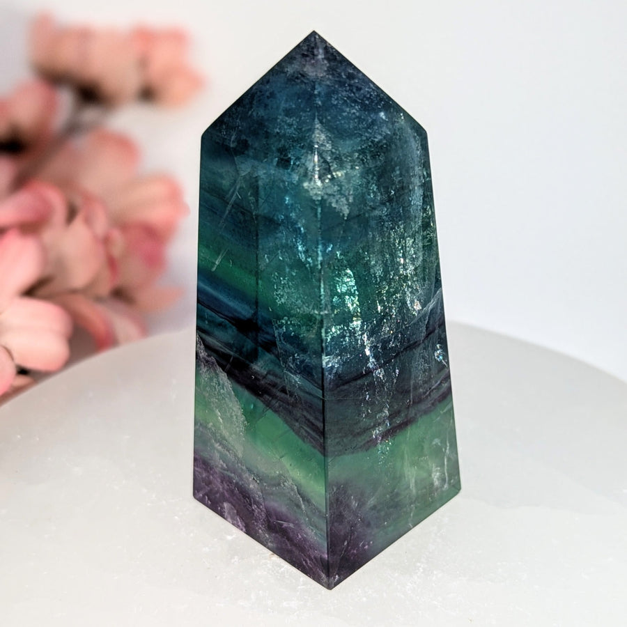 Polished multi-toned fluorite 3-inch obelisk tower #BC0660 in blue to green purple hues