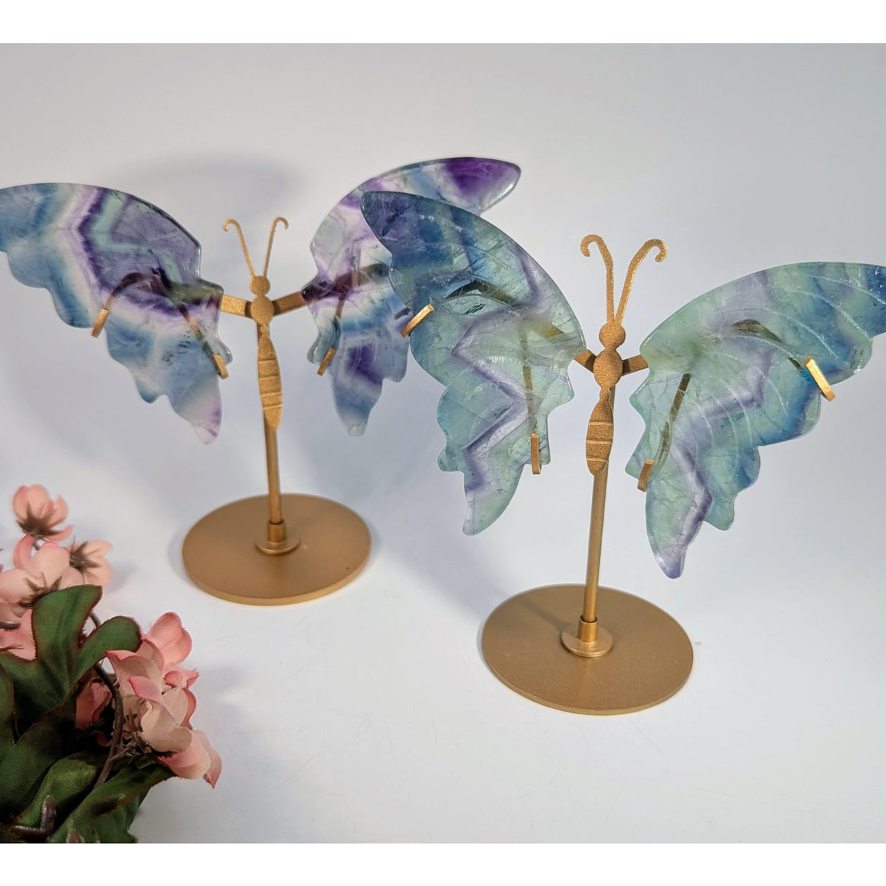 Fluorite 5’’ butterfly on stand with blue purple agate wings #BC0161