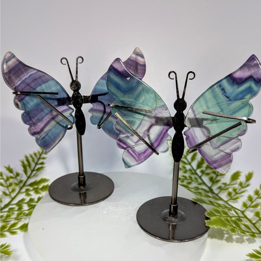 Fluorite butterfly on 4.5’’ stand with flared purple teal agate wings #BC0944