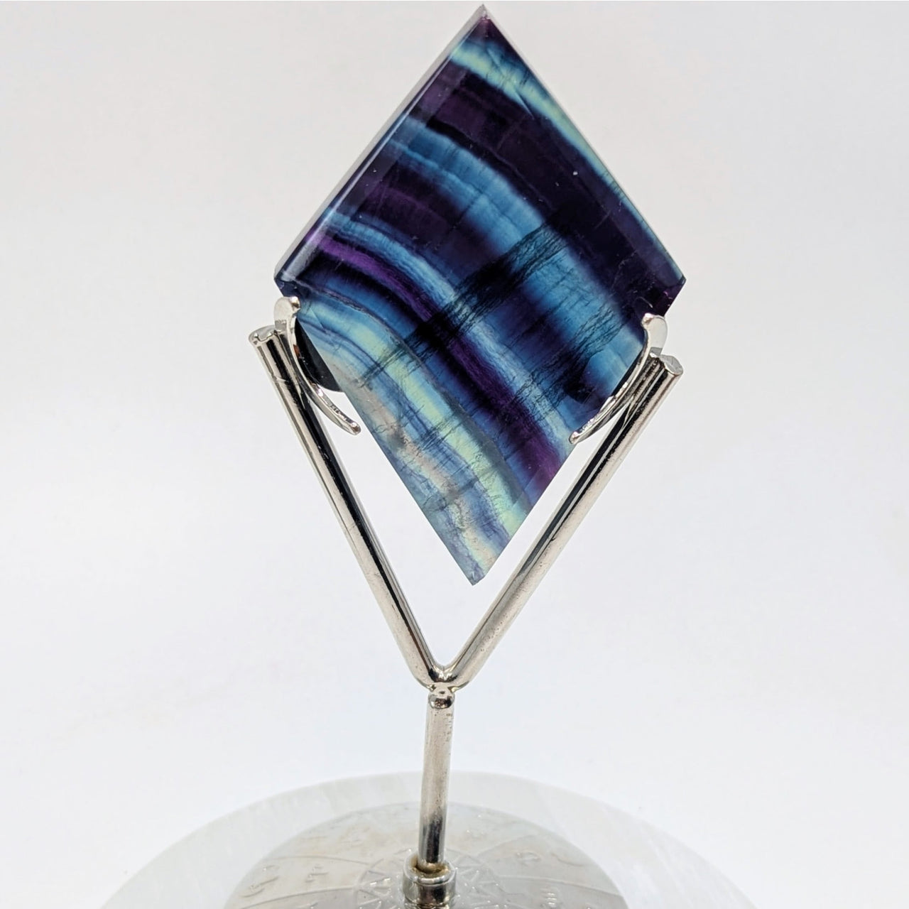 Fluorite Diamond Crystal on Silver Moon Stand #LV9151