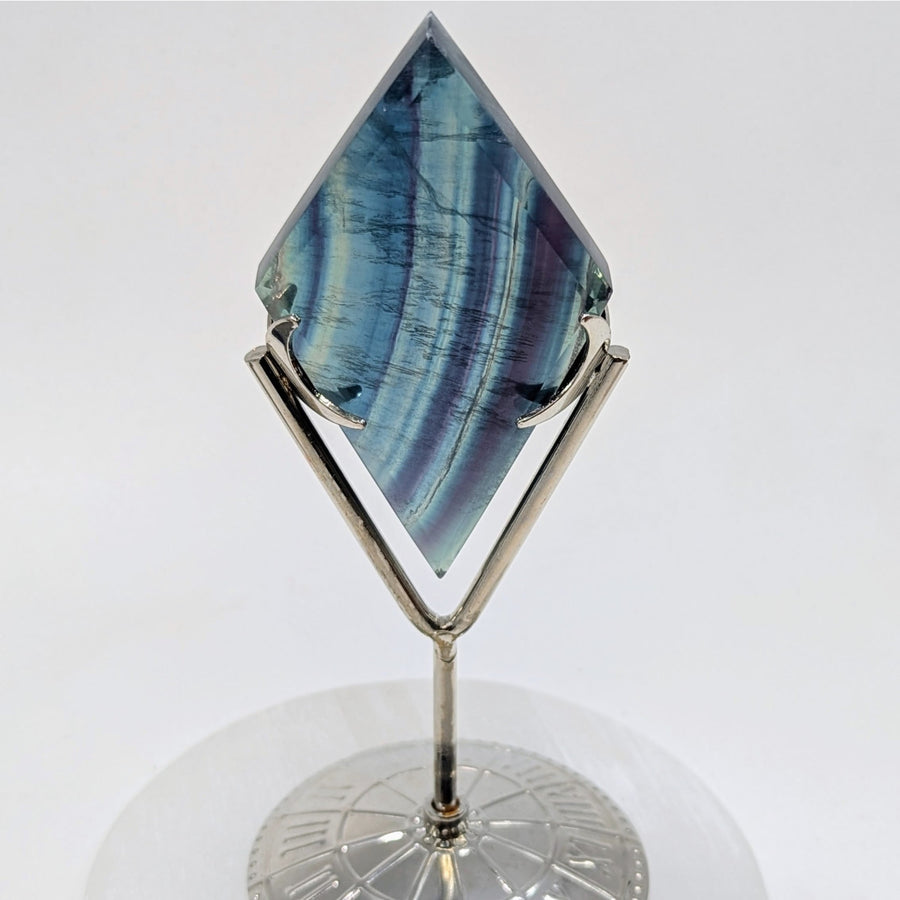 Fluorite Diamond Crystal on Silver Moon Stand #LV9151