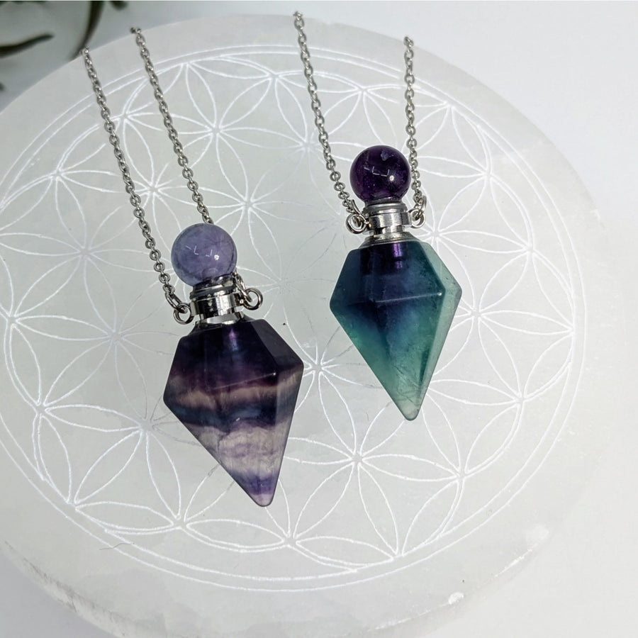 Two crystal perfume bottle necklaces featuring Fluorite gemstones on a 22-inch chain