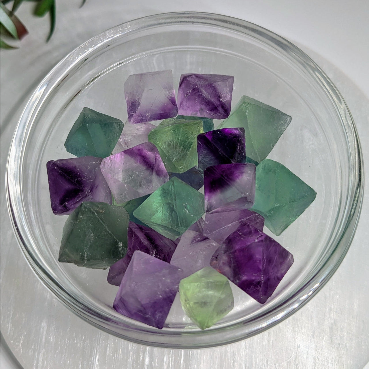 Colorful translucent ice cubes in purple and green hues for Fluorite Octahedron #R180