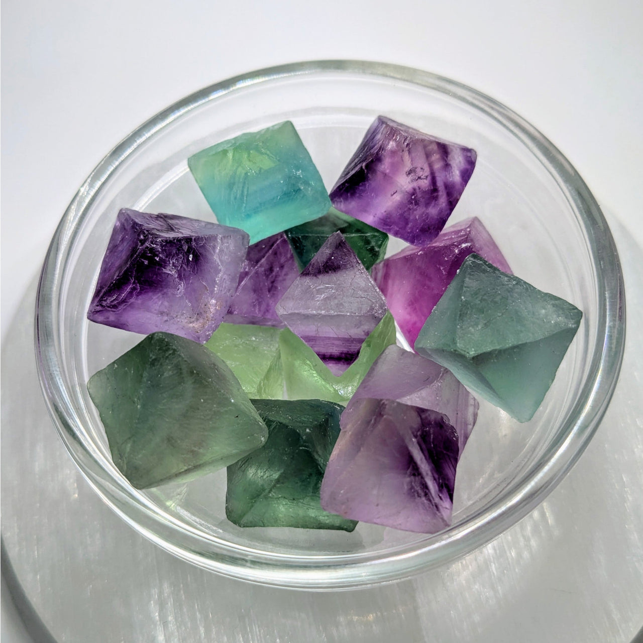 Fluorite octahedron crystals in purple and green available in various sizes