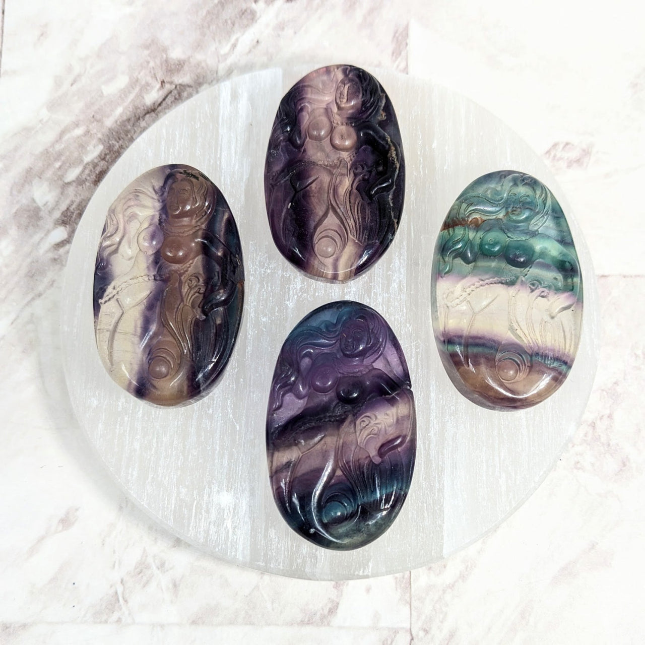 Fluorite Palm Stone 2’ Mermaid Carving with Purple and Green Marble Pattern #LV2303