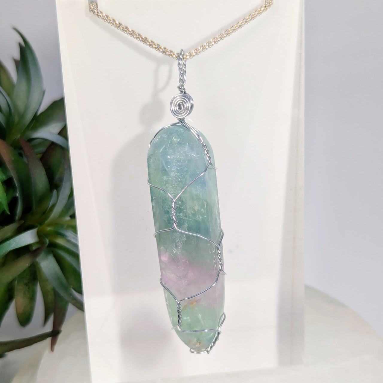 Fluorite Wand 2.3’’ Wire Wrap Pendant #LV9062 - $95