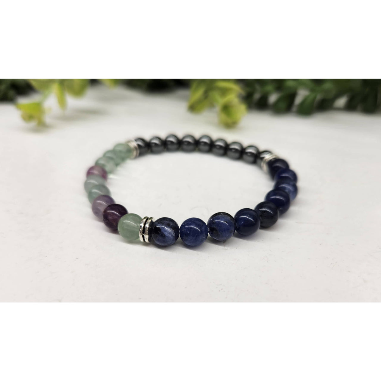 Multicolored 6mm beaded kids bracelet with silver accents, 6-inch stretchy band LV9515