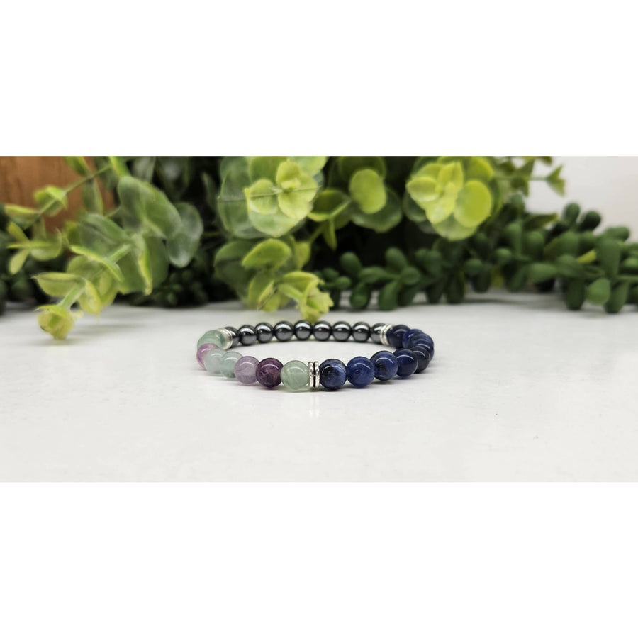 Blue and silver beaded kids bracelet for focus and concentration, 6mm 6 inch