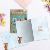 Fox Wishes Birthday Card #22240 with fox, dandelion, teal wood background