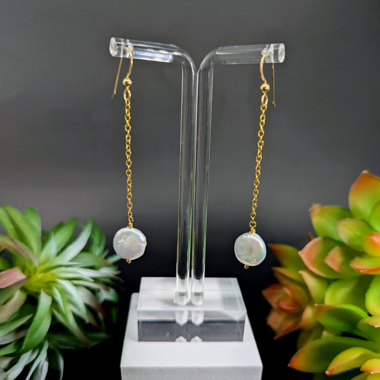 Freshwater Pearl 2.5’’ Coin Drop Earrings Gold Fill #LV8874