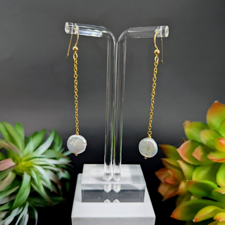 Freshwater Pearl 2.5’’ Coin Drop Earrings Gold Fill #LV8874