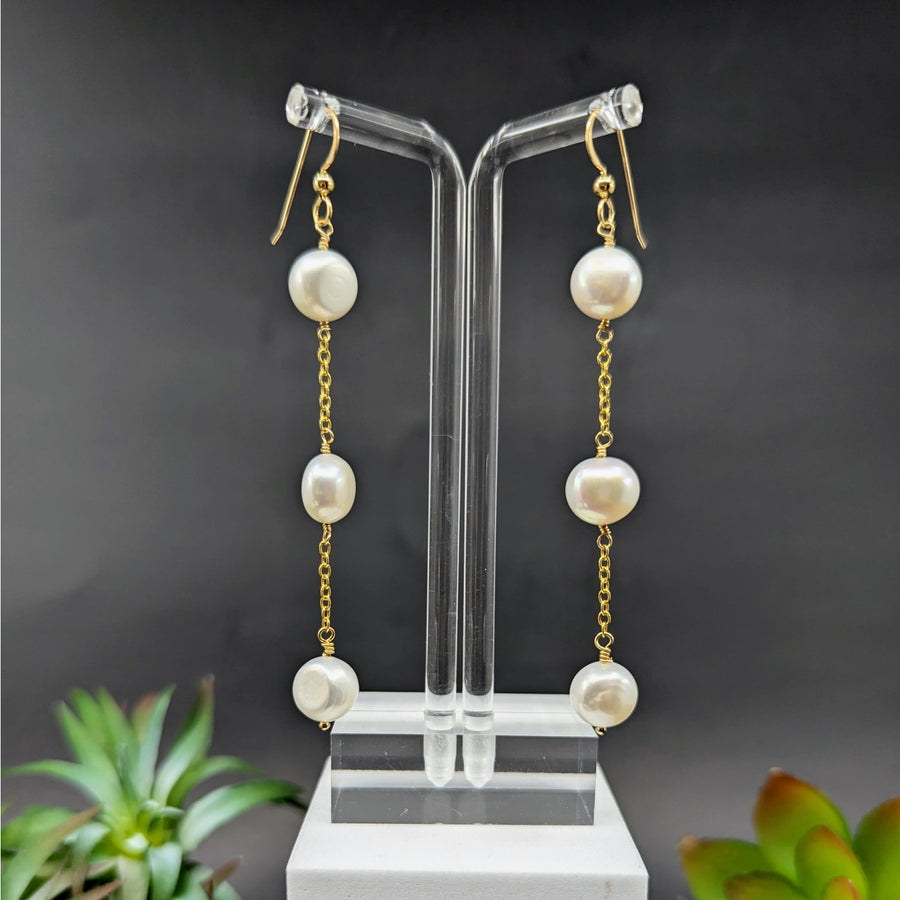 Freshwater Pearl 3’’ Triple Tier Dangle Earrings Gold Fill