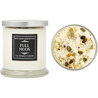 Full Moon soy crystal candle with white wax, black label, pebbles inside