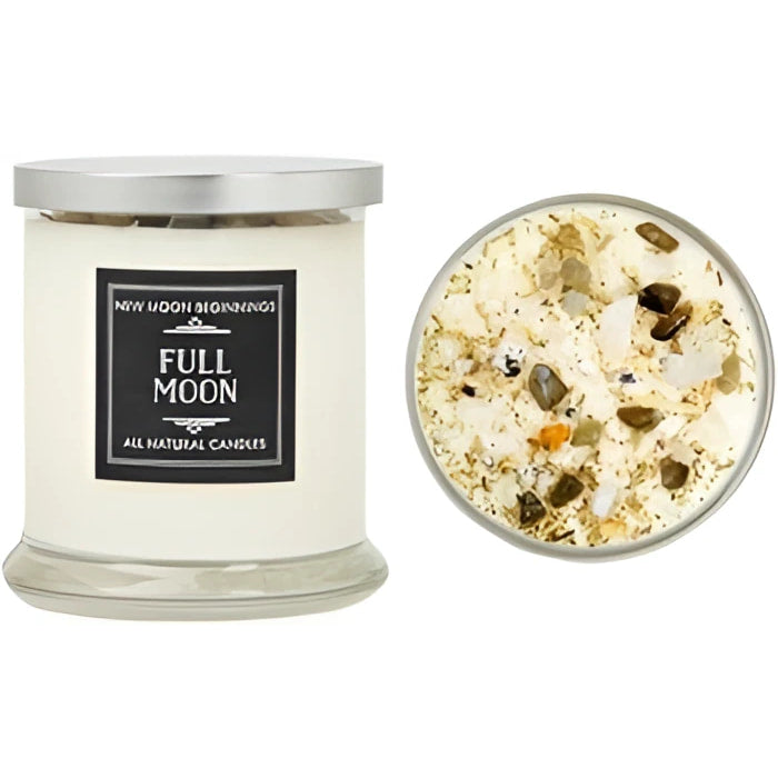 Full Moon soy crystal candle with white wax, black label, pebbles inside