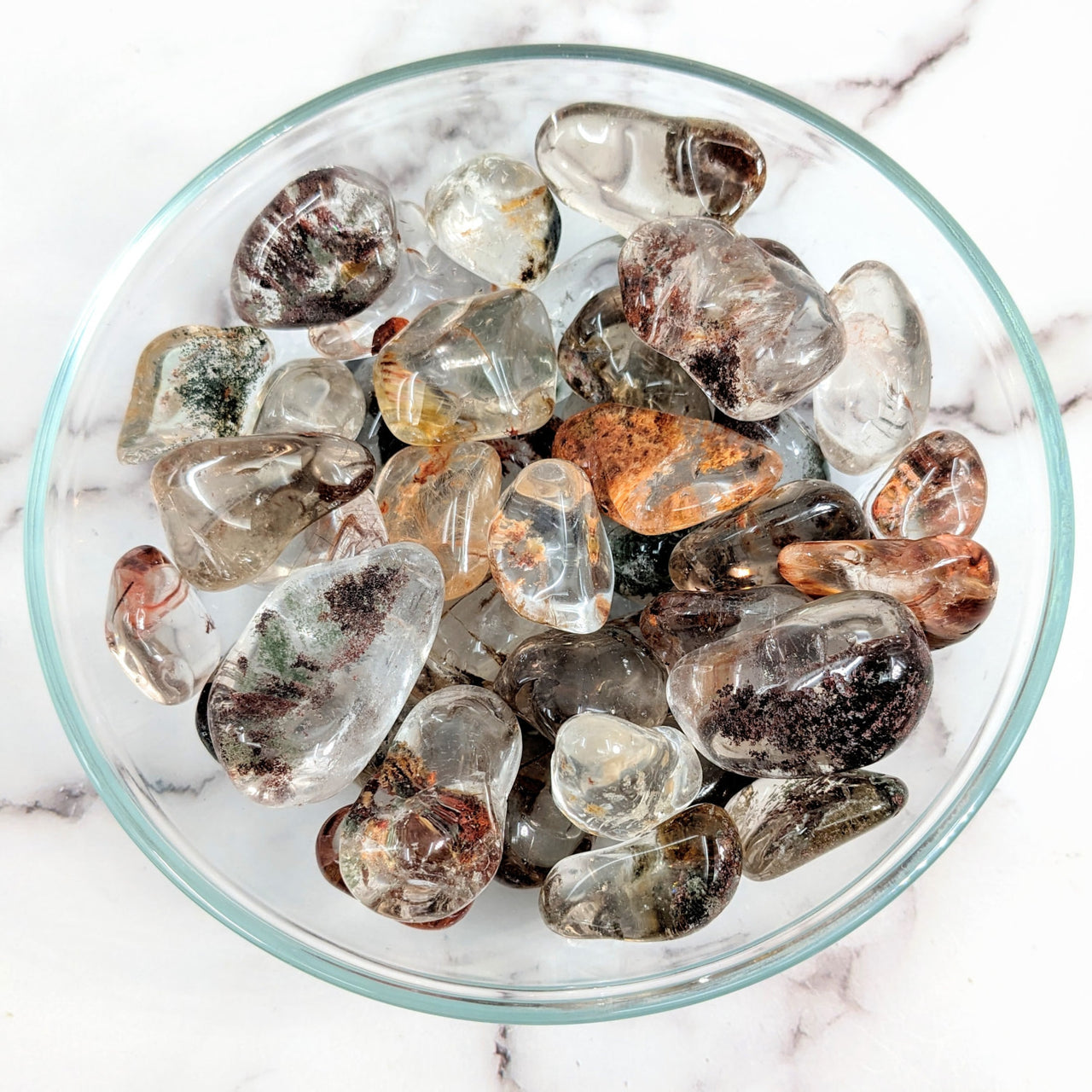 A bowl filled with ice crystals and Garden Quartz tumbled stones #LV1536