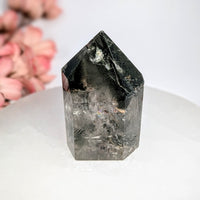 Polished black and gray garden quartz 2.5-inch generator tower #BC0663