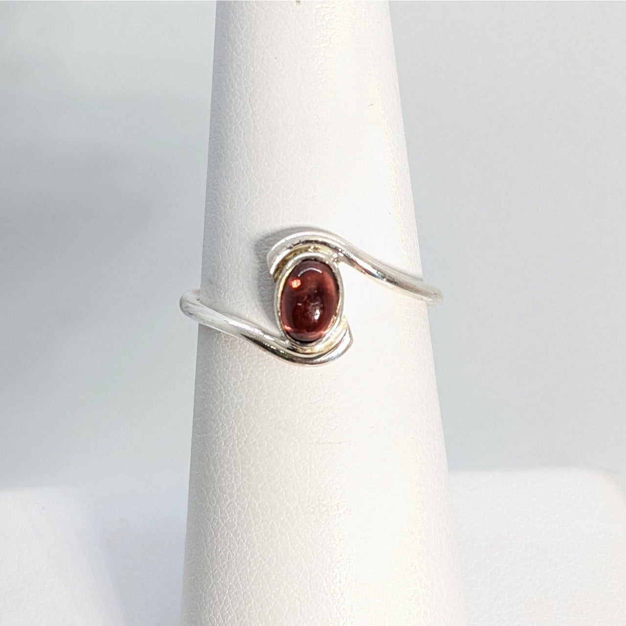 Garnet Dainty Ring Oval Swoop Sterling Silver with Red Stone #SK7998