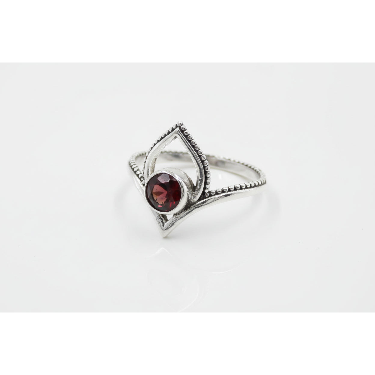 Sterling silver garnet faceted lotus ring with beaded band #BC0406