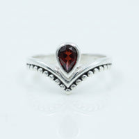Garnet faceted V-shape sterling silver ring BC0410 with teardrop stone