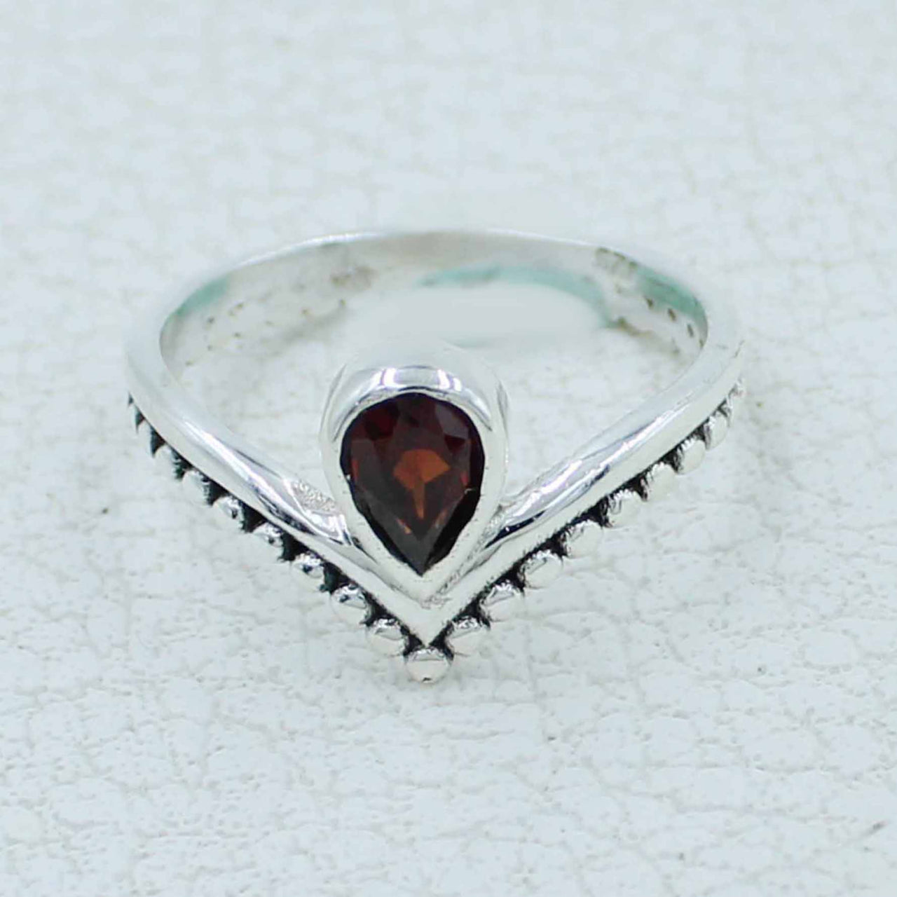 Garnet faceted V-shape sterling silver ring #BC0410 with teardrop stone