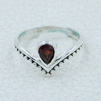 Garnet faceted V-shape sterling silver ring #BC0410 with teardrop stone