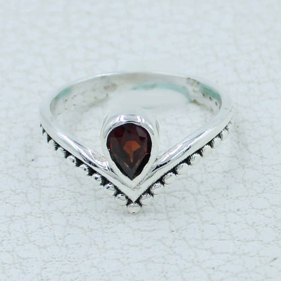 Garnet faceted V-shape sterling silver ring #BC0410 with teardrop stone