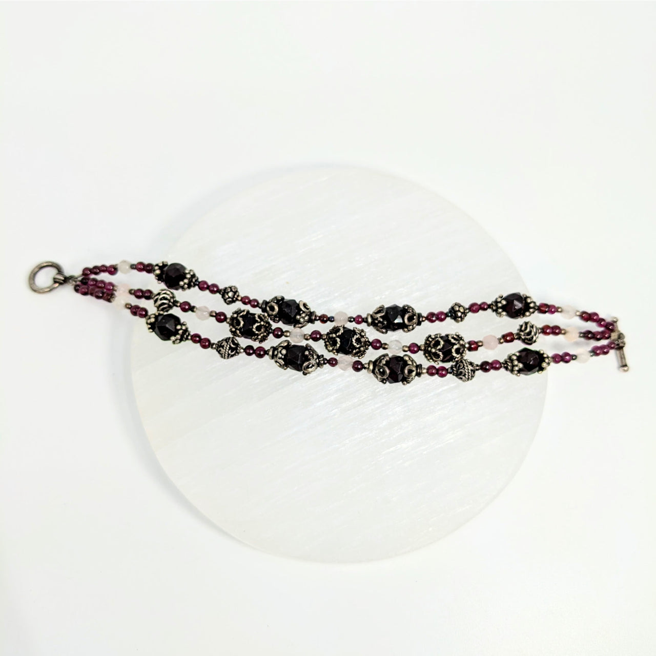 Ornate Garnet Rose Quartz 7.5’’ Triple Strand Bracelet with pink beads and metallic links