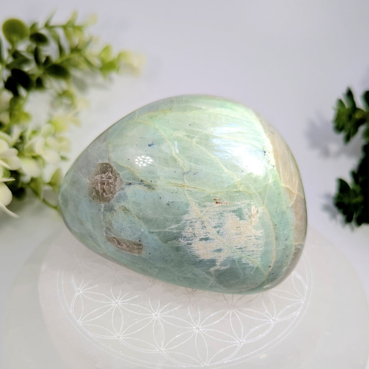 Garnierite 3.3 inch energy stone smooth translucent light green aventurine with subtle golden inclusions and polished surface