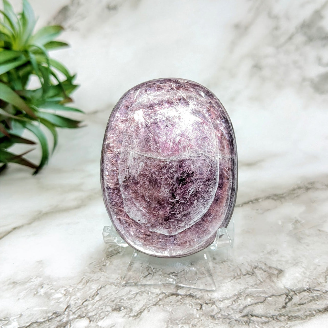 Purple Lepidolite Palm Stone on Marble Table - Gem Lepidolite 2.3’ #LV4560