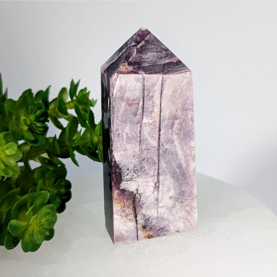 Polished purple and white striped lepidolite crystal tower, 3.6 inches