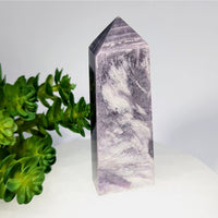 Tall purple and white fluorite lepidolite 4-inch tower #BC0327