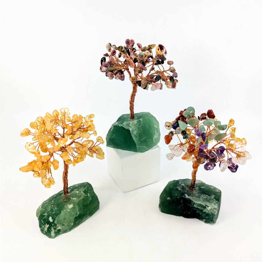 Three gemstone trees on a Fluorite base for the Gem Tree 5 Inch product display