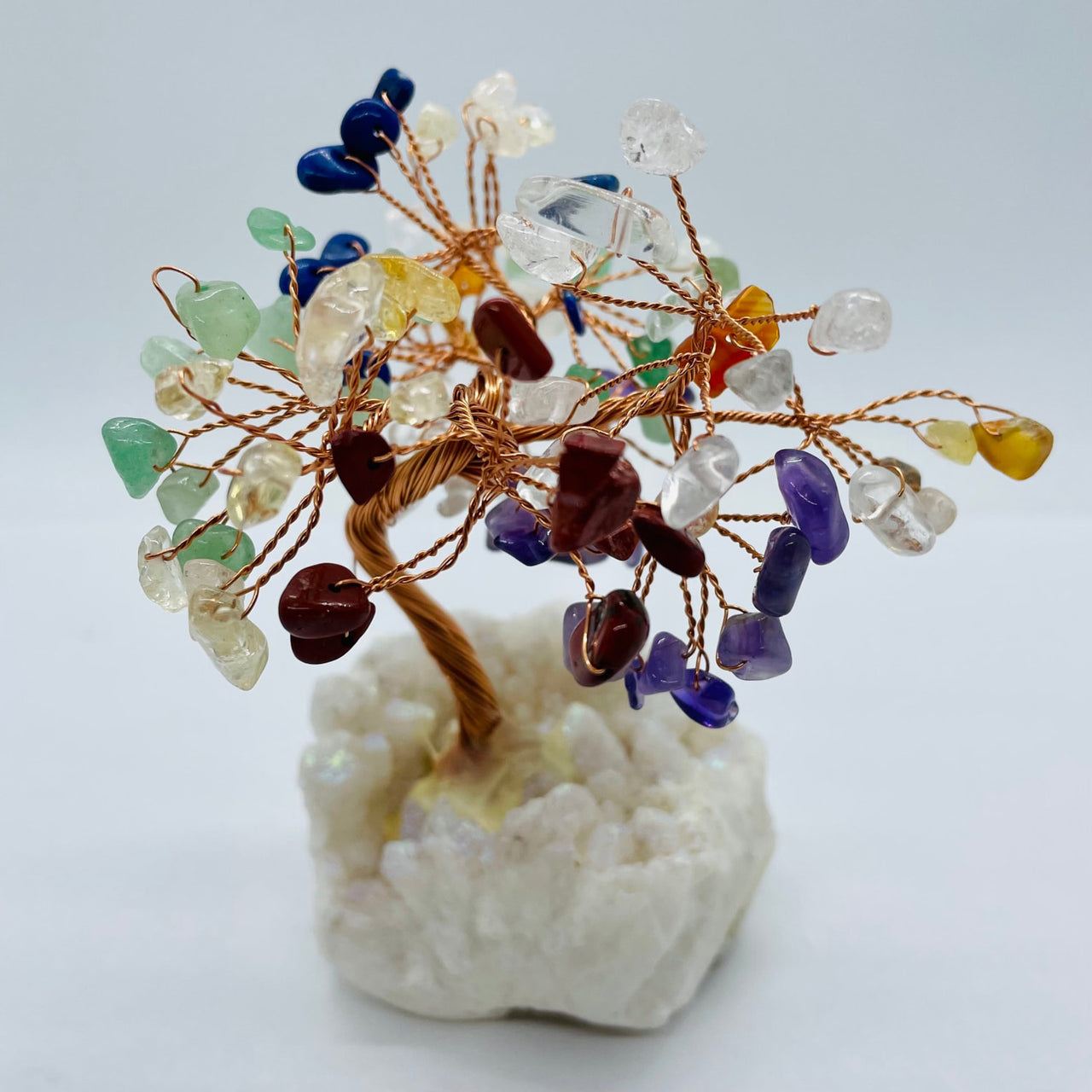 Decorative Gem Tree on Angel Aura Base with Colorful Crystal Leaves and White Mineral Base