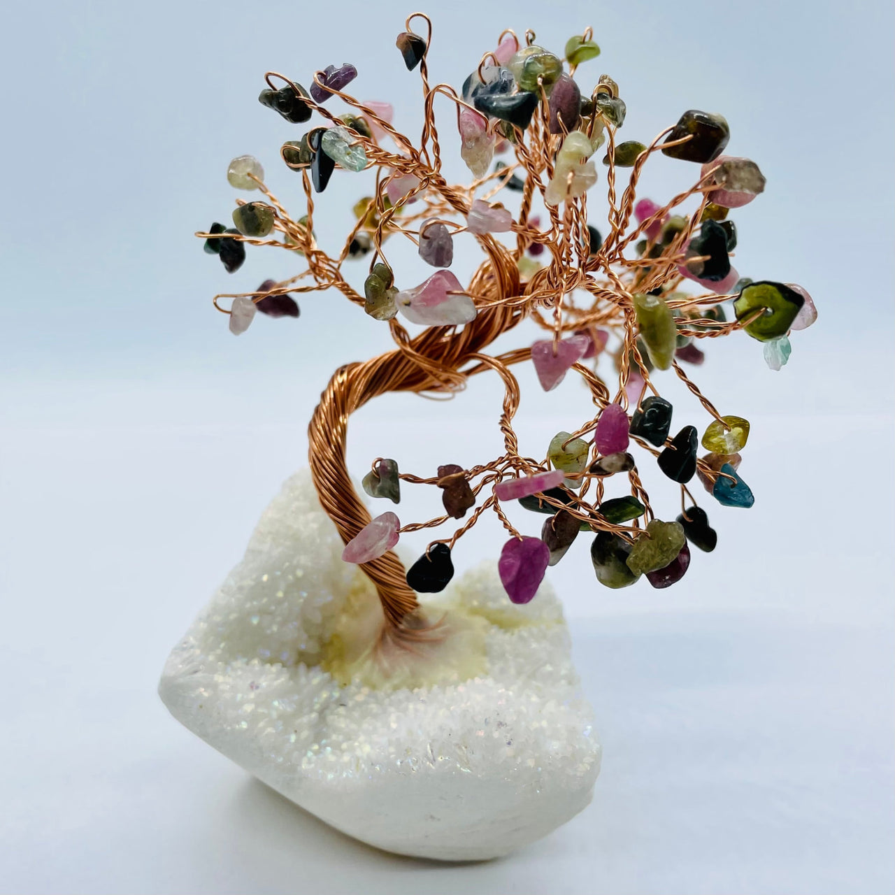 Decorative Gem Tree on Angel Aura Base with colorful leaves and copper wire trunk