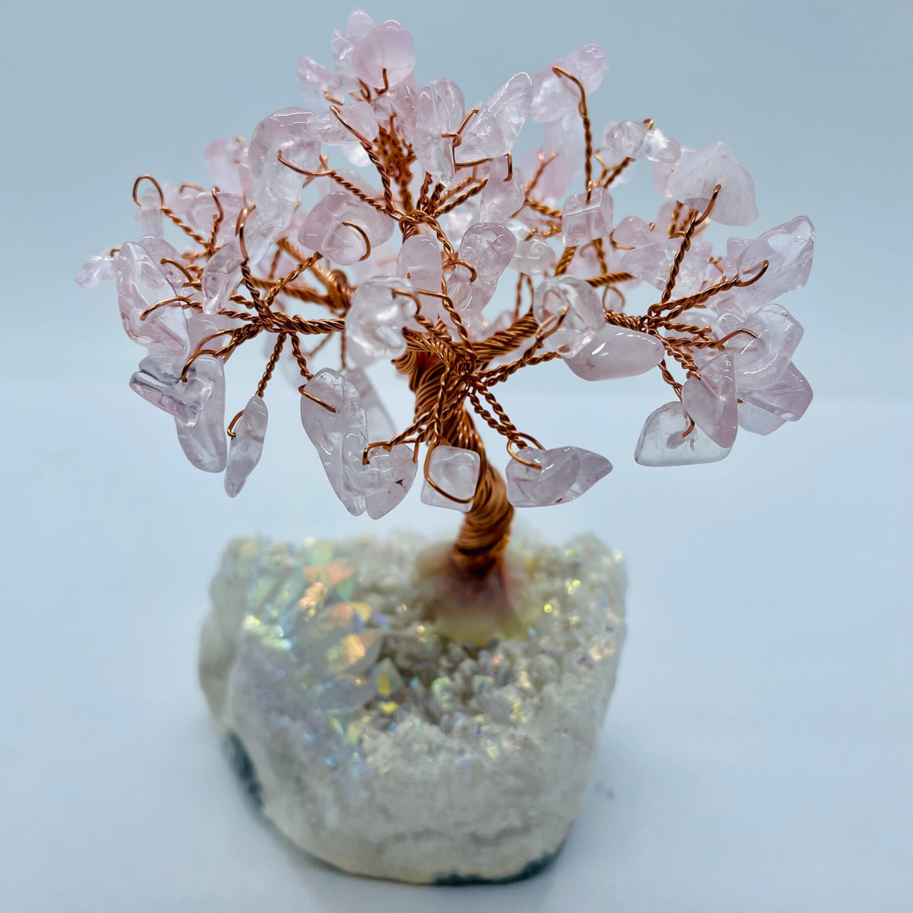 Delicate rose quartz gem tree sculpture on stunning Angel Aura base #X005