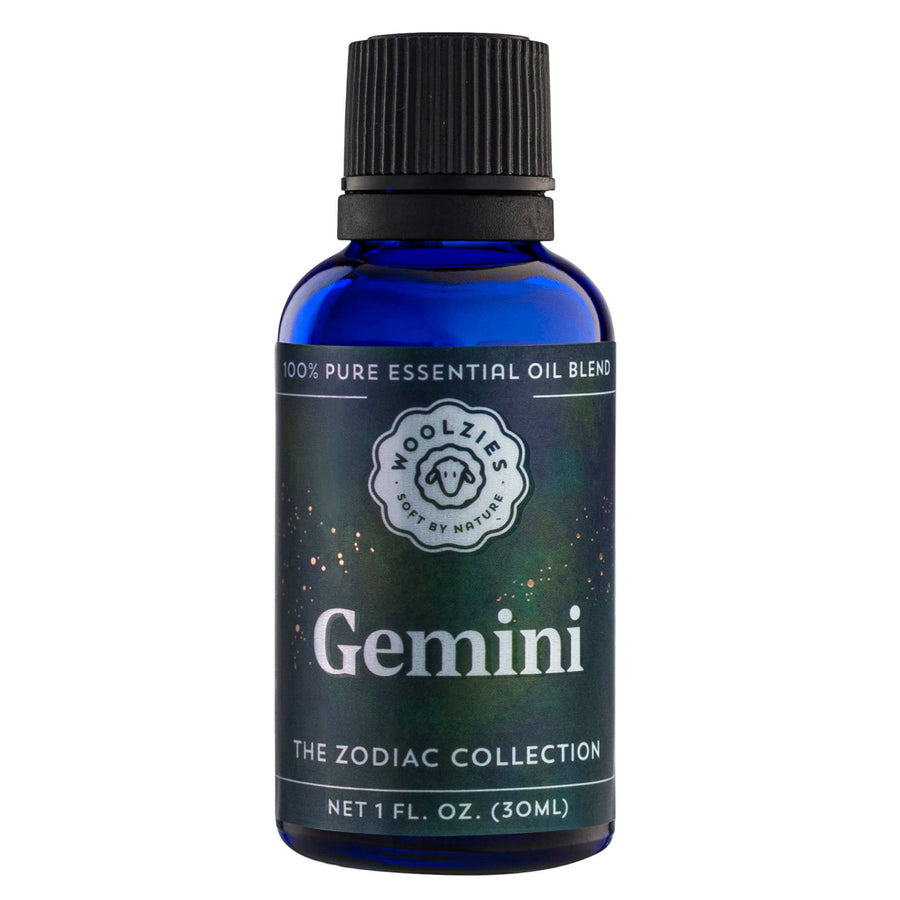 Gemini Zodiac Essential Oil Blend 1oz blue glass bottle by Woolzies