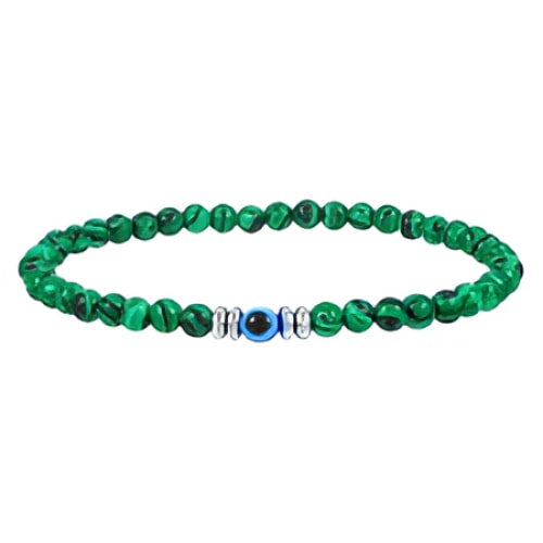 Green malachite evil eye protection beaded bracelet with silver accents LV4412