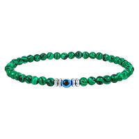 Green malachite evil eye protection beaded bracelet with silver accents LV4412