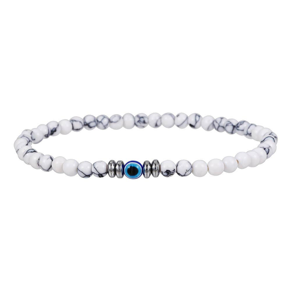White beaded gemstone evil eye protection bracelet with blue evil eye charm