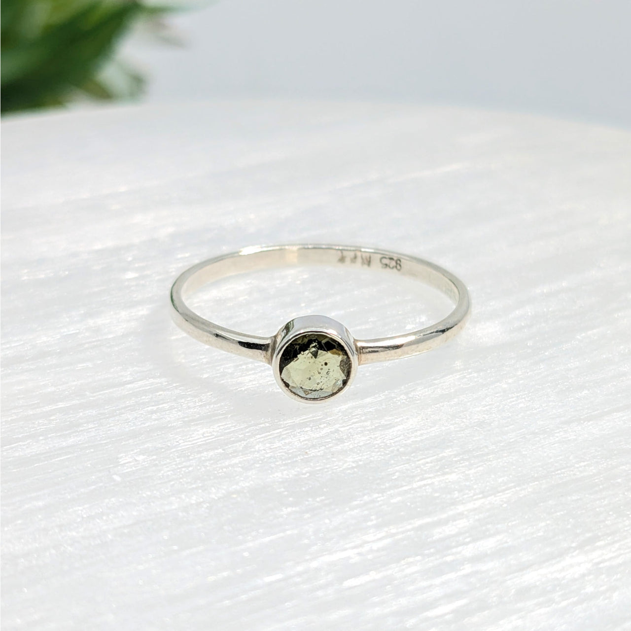 Genuine Moldavite Faceted Round Sterling Silver Ring