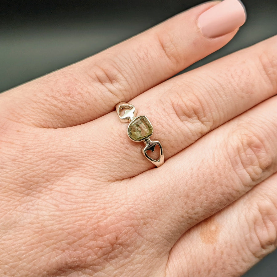 Genuine Moldavite Sterling Silver Heart Band Ring You Choose