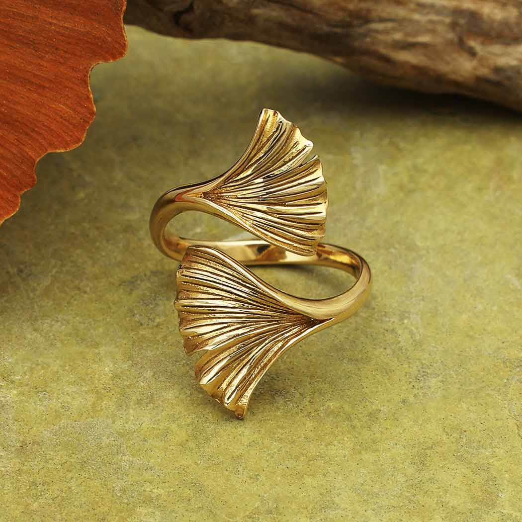 Ginkgo Leaf Adjustable Bronze Ring J014 - Gold ring with elegant leaf design