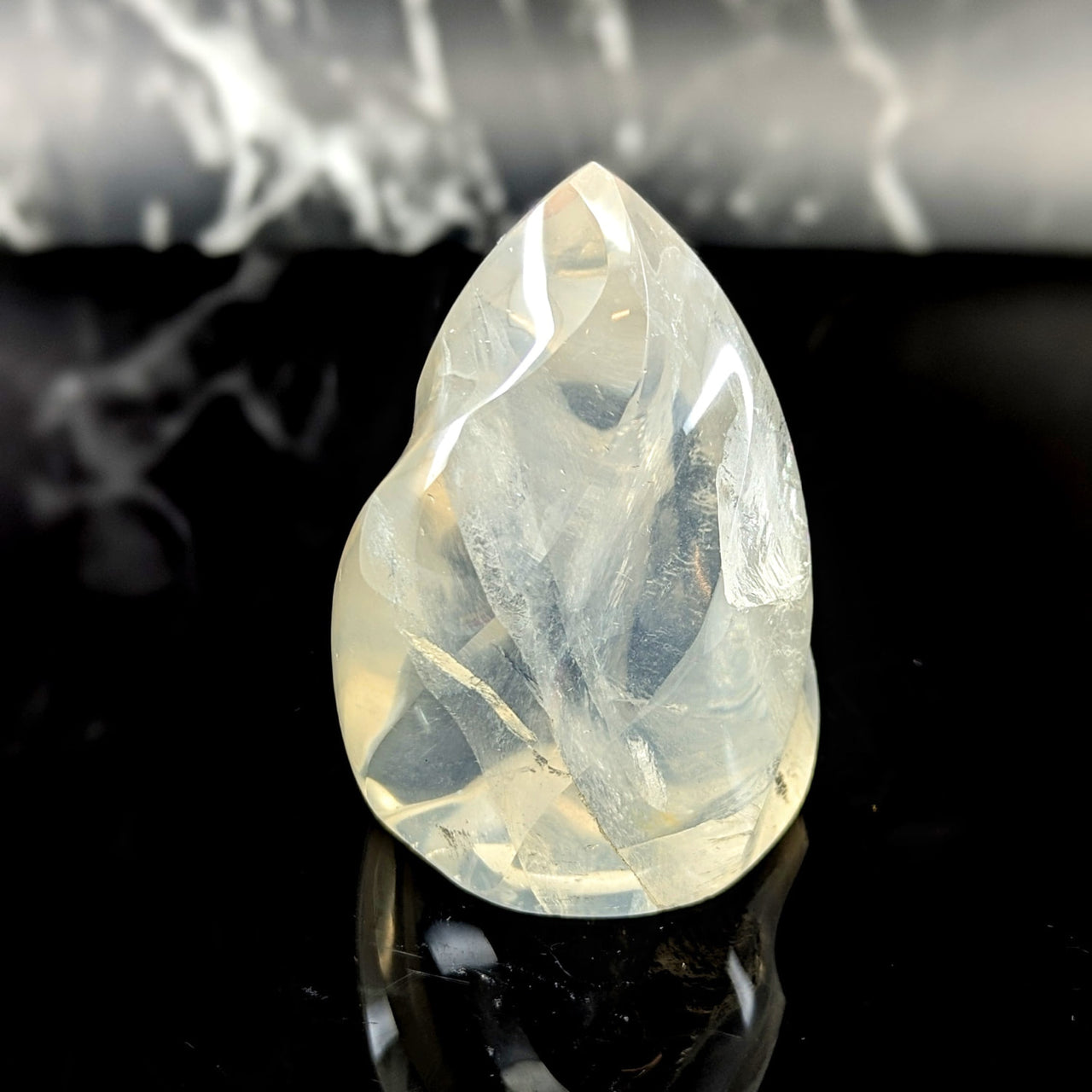 Girasol quartz 3.1 inch translucent teardrop flame crystal with natural internal striations and smooth polished surface