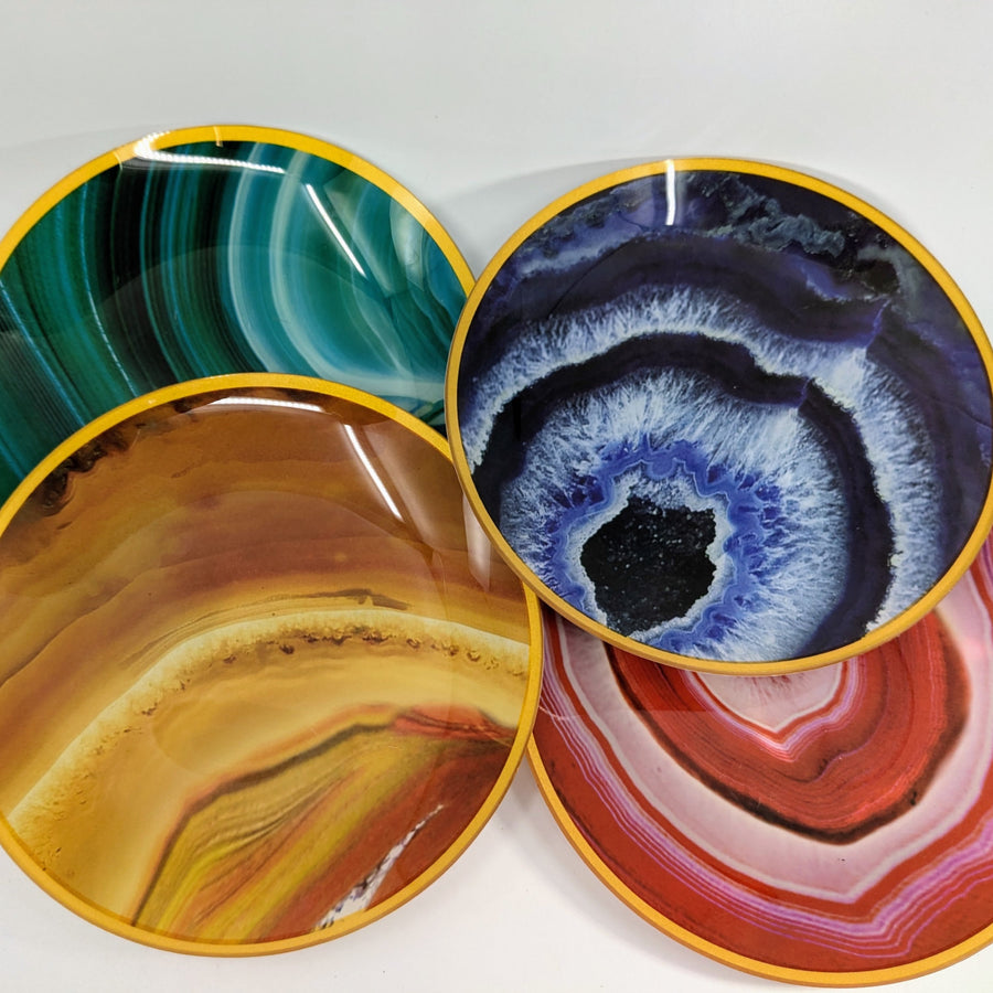 Set of four gold-rimmed coasters with colorful agate designs for Glass Crystal Plate Assorted