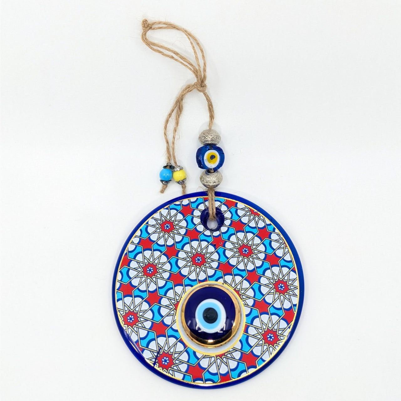 Gold Accent Evil Eye Wall Hanging #LV4413 with floral patterns in blue, red, and white