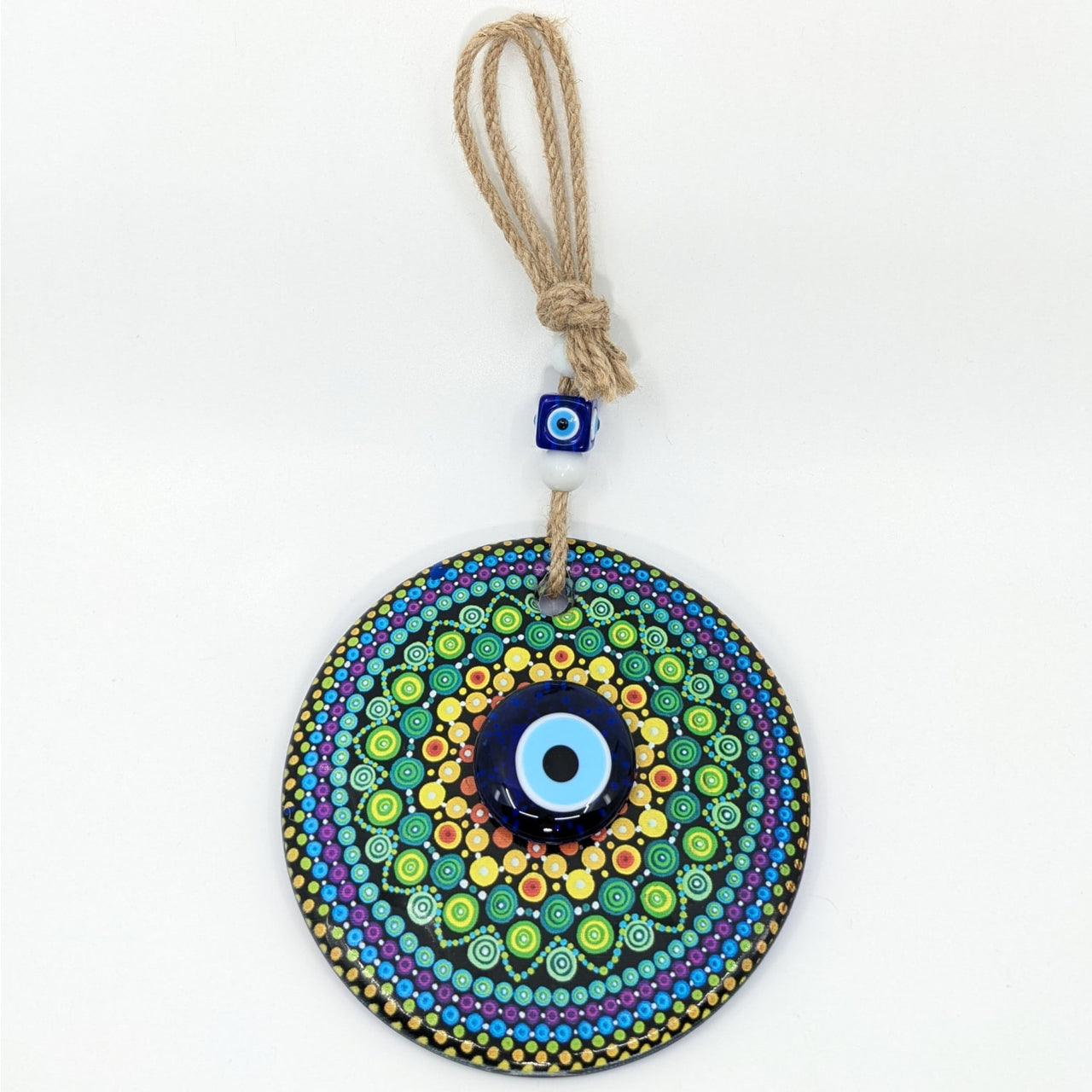 Decorative Gold Accent Evil Eye Wall Hanging with colorful mandala and jute rope